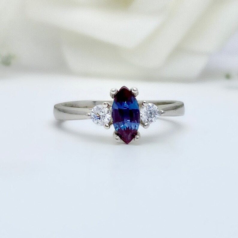 Marquise Alexandrite Simulated Diamond Three Stone Engagement shops Ring Sterling Silver or 14K Solid gold Lab Alexandrite Wedding Ring