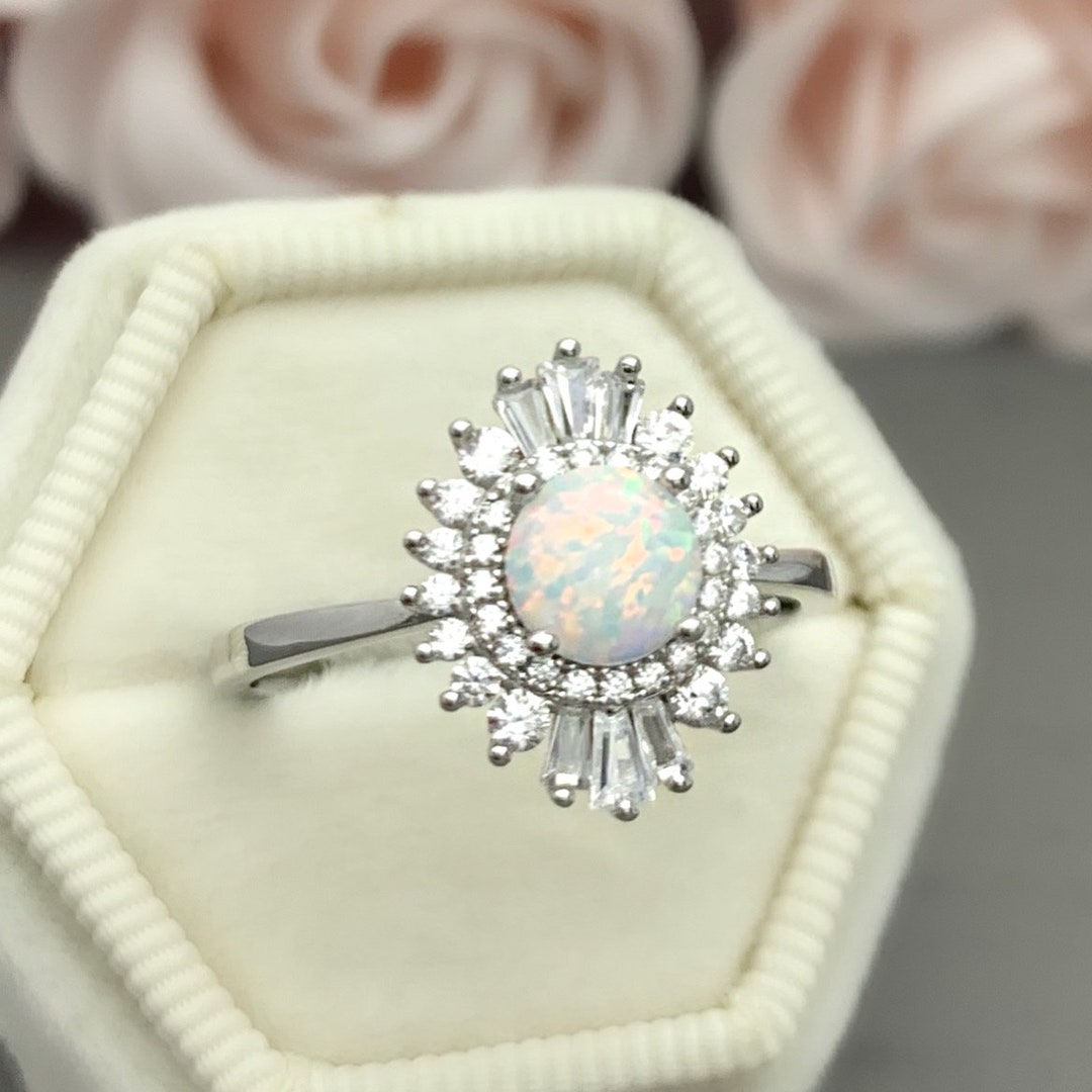 Round White Opal Wedding Ring Sterling Silver Baguette and Round Simulated Diamond White Fire