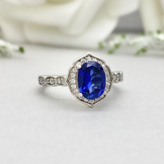 Oval Blue Sapphire Engagement Ring Lab Blue Sapphire Wedding | Etsy