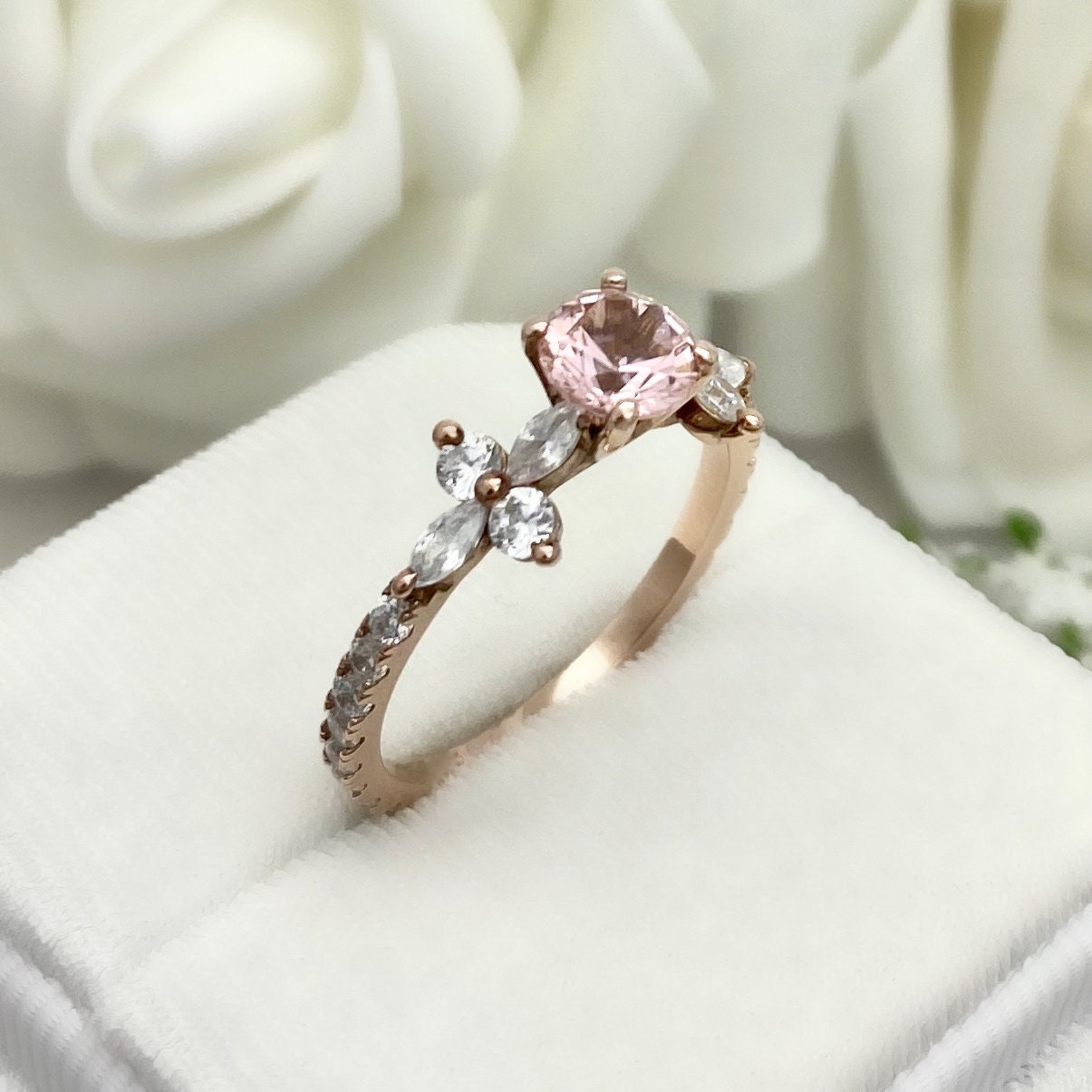 Rose Gold Round Pink Morganite Engagement Ring Marquise and - Etsy