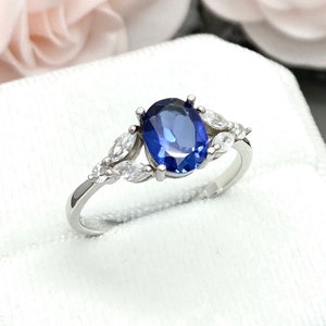 Oval Lab Blue Sapphire Ring Marquise And Round Simulated Diamond Leaf Art Deco Sterling Silver Promise Engagement Wedding Ring