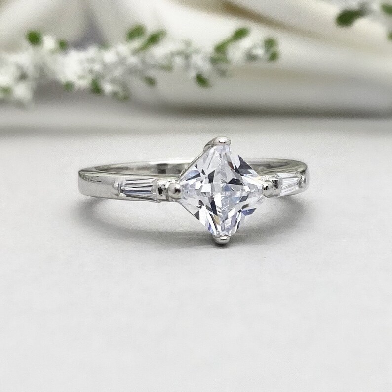 Princess Cut Simulated Diamond Ring Three Stone Ring Princess Cut hot Engagement Ring Sterling Silver Past Present Future Wedding Ring