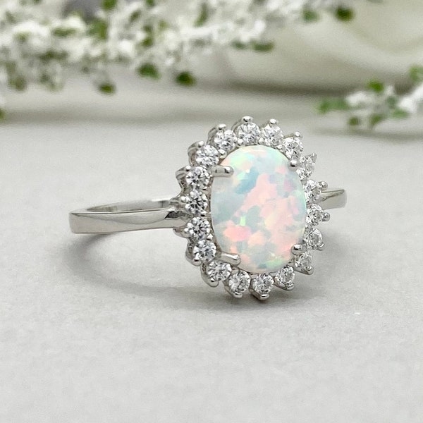 Sterling Silver Oval White Fire Opal Engagement Ring White Opal Ring Round Simulated Diamond Halo Art Deco Ring Womens 9mm Opal Ring