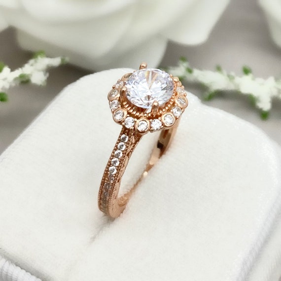 Rose Gold Round Simulated Diamond Ring Art Deco Sterling Silver