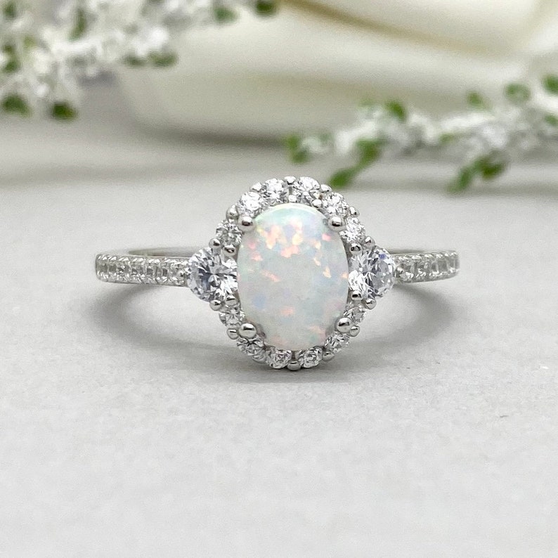 Oval White Opal Wedding Ring Round Simulated Diamond Etsy