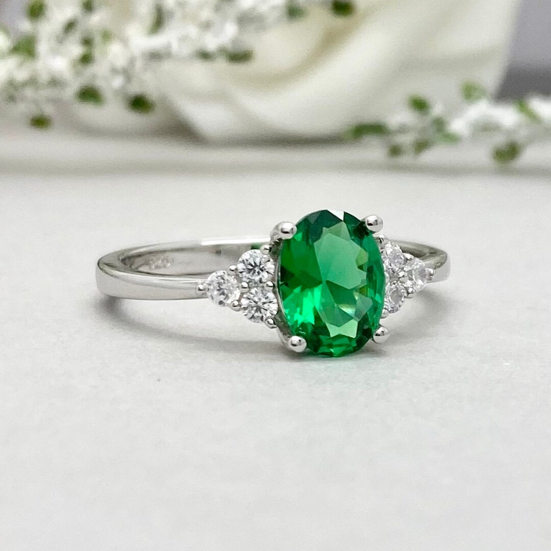 Oval Emerald Engagement Ring Lab Emerald Ring Simulated Etsy