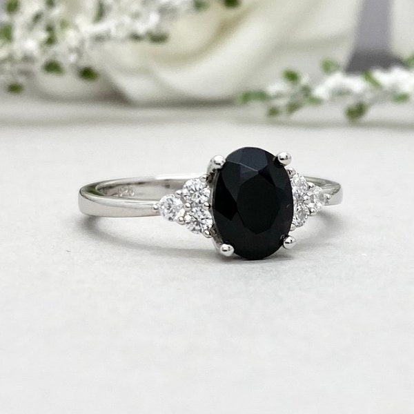 Oval Natural Black Onyx Engagement Ring Black Onyx Sterling Silver Ring Simulated Diamond Art Deco Promise Wedding Ring