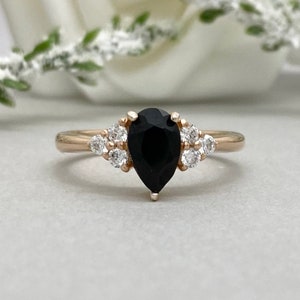 Rose Gold Pear Shape Black Onyx Ring Round Simulated Diamond Art Deco Sterling Silver Teardrop Engagement Wedding Ring