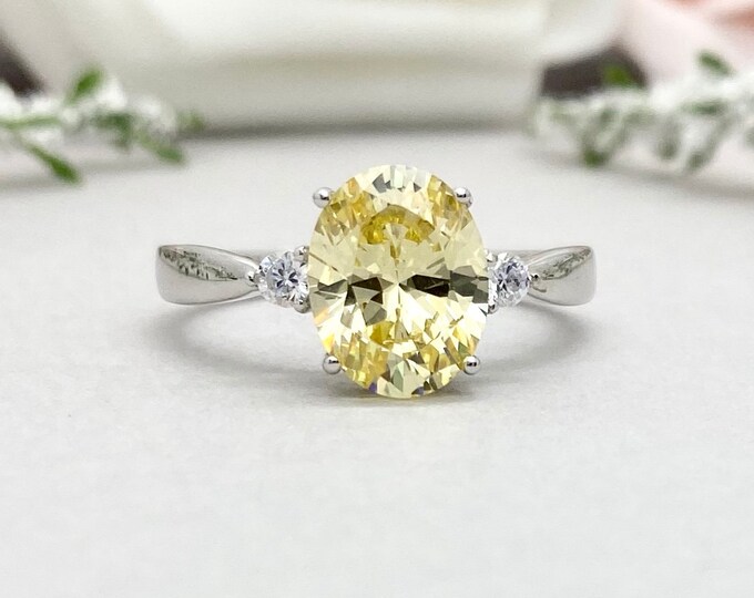 Oval Canary Yellow Simulated Diamond Three Stone Engagement Ring 2.50ct ...