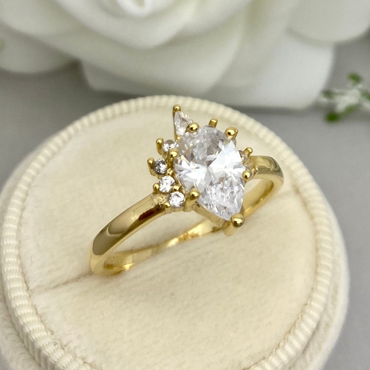 Yellow Gold Pear Simulated Diamond Crown Sterling Silver Ring - Etsy