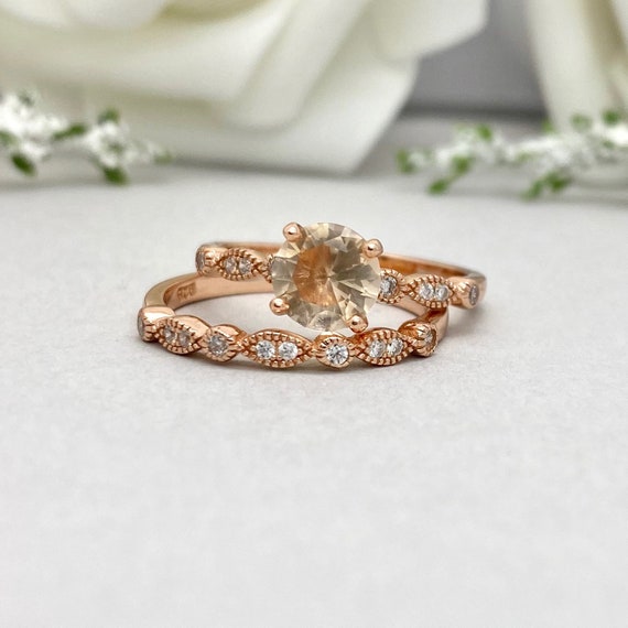 Round Peach Morganite Rose Gold 2PC Engagement Ring Set Lab