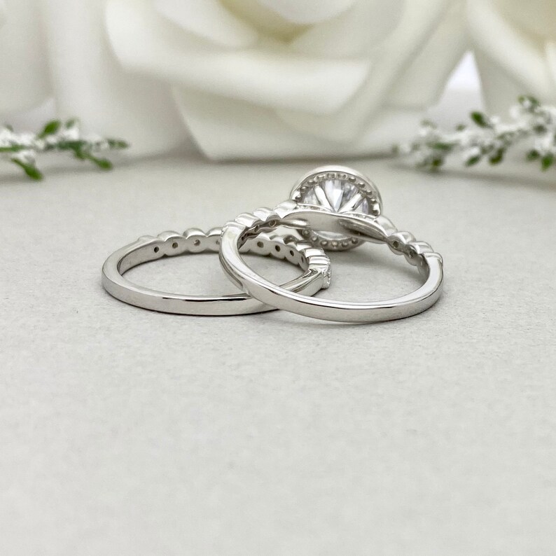 2-Piece Sterling Silver Halo CZ Ring Set - 925 Silver Wedding Promise Band Set