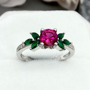 Round Ruby Ring Lab Ruby With Emerald Marquise Sterling Silver Ring Round Simulated Diamond Engagement Ring Women's Promise Ring