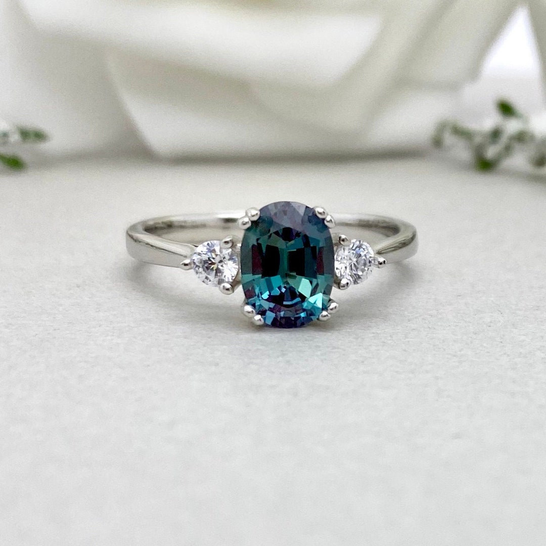 Oval Alexandrite Simulated Diamond Three Stone Wedding Ring