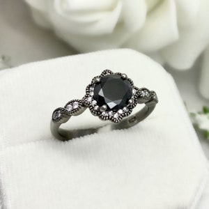 Round Black Onyx Black Rhodium Art Deco Ring Floral Round Simulated Diamond Ring Sterling Silver Halo Engagement Wedding Promise Ring image 6