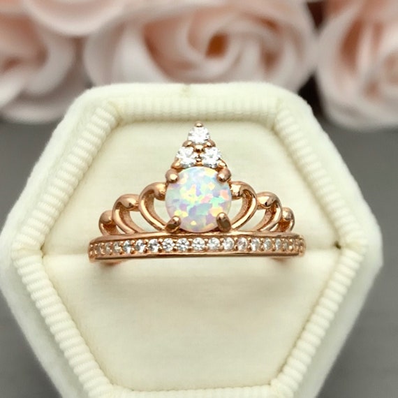 Rose Gold Round White Fire Opal Crown Ring Round Simulated Diamond