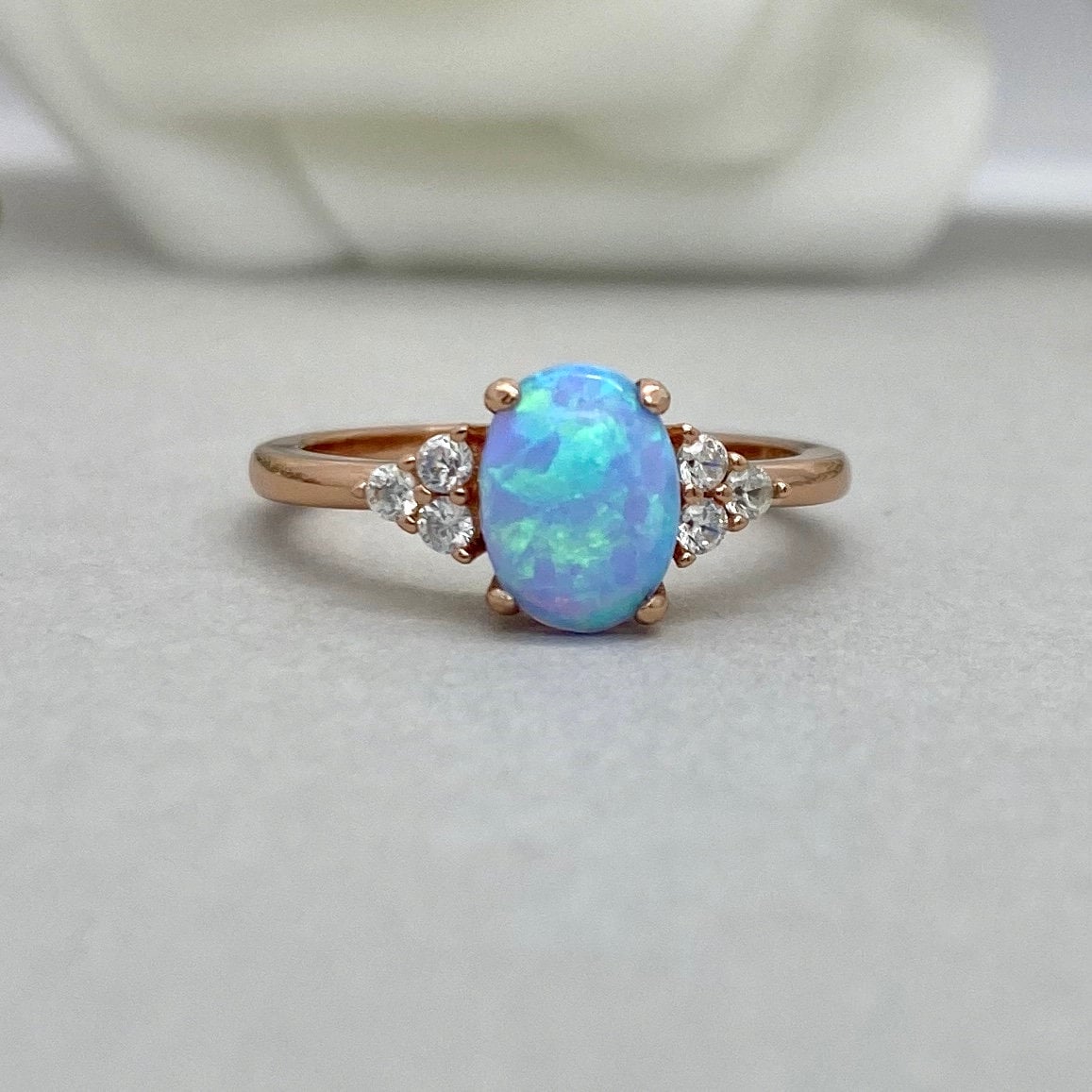 Light Blue Opal Ring Rose Gold Blue Opal Engagement Ring Oval - Etsy