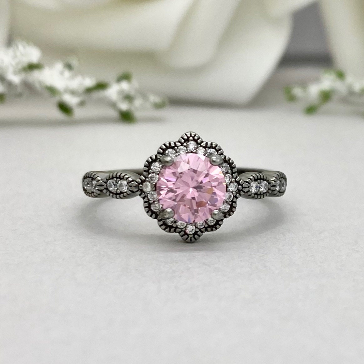 Round Pink Sapphire Black Rhodium Art Deco Ring Lab Pink - Etsy