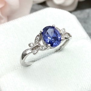 Oval Tanzanite CZ Round Simulated Diamond Butterfly Ring Sterling Silver Tanzanite Promise Engagement Wedding Ring