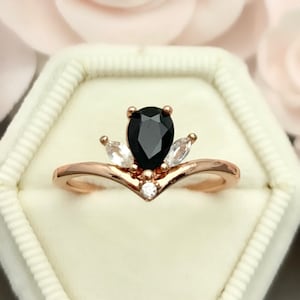 14K Solid Rose Gold Pear Shape Black Onyx Ring Marquise And Round Simulated Diamond Art Deco Chevron Engagement Wedding Ring