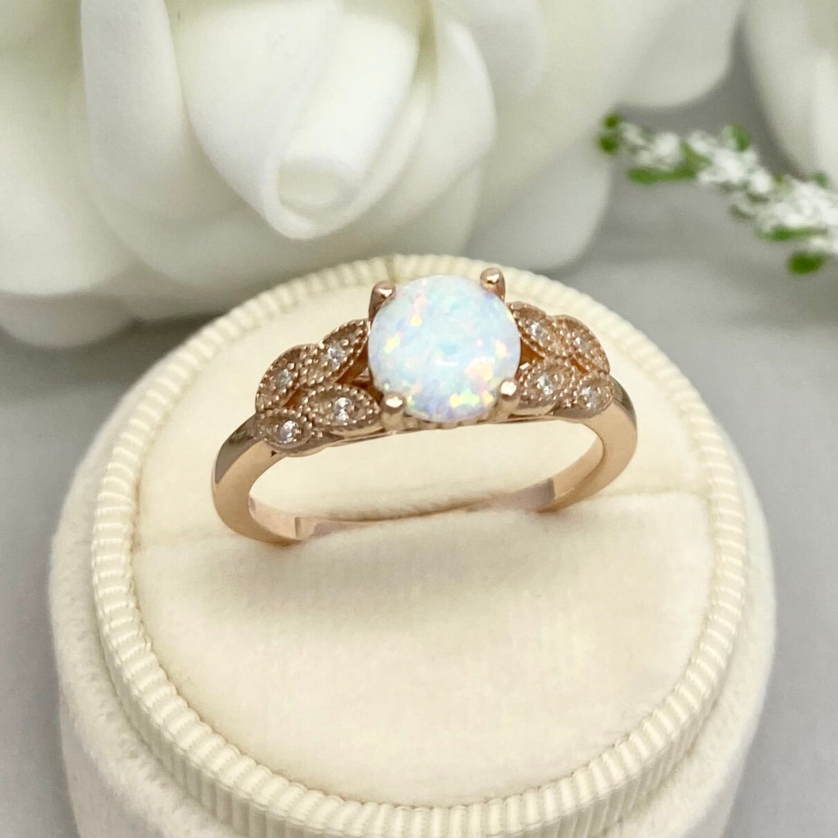 Rose Gold Round White Fire Opal Ring Round Simulated Diamond | Etsy