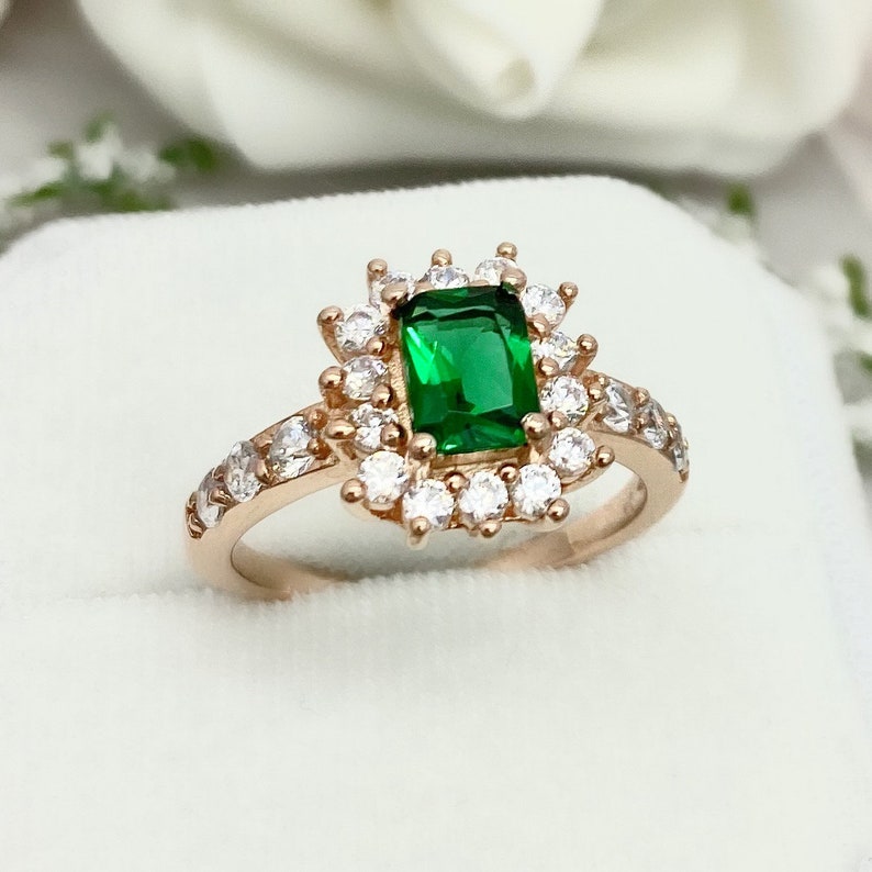 Rose Gold Emerald Cut 1.00Ct Emerald Round Simulated Diamond Ring Halo Art Deco Sterling Silver Engagement Wedding Promise Ring