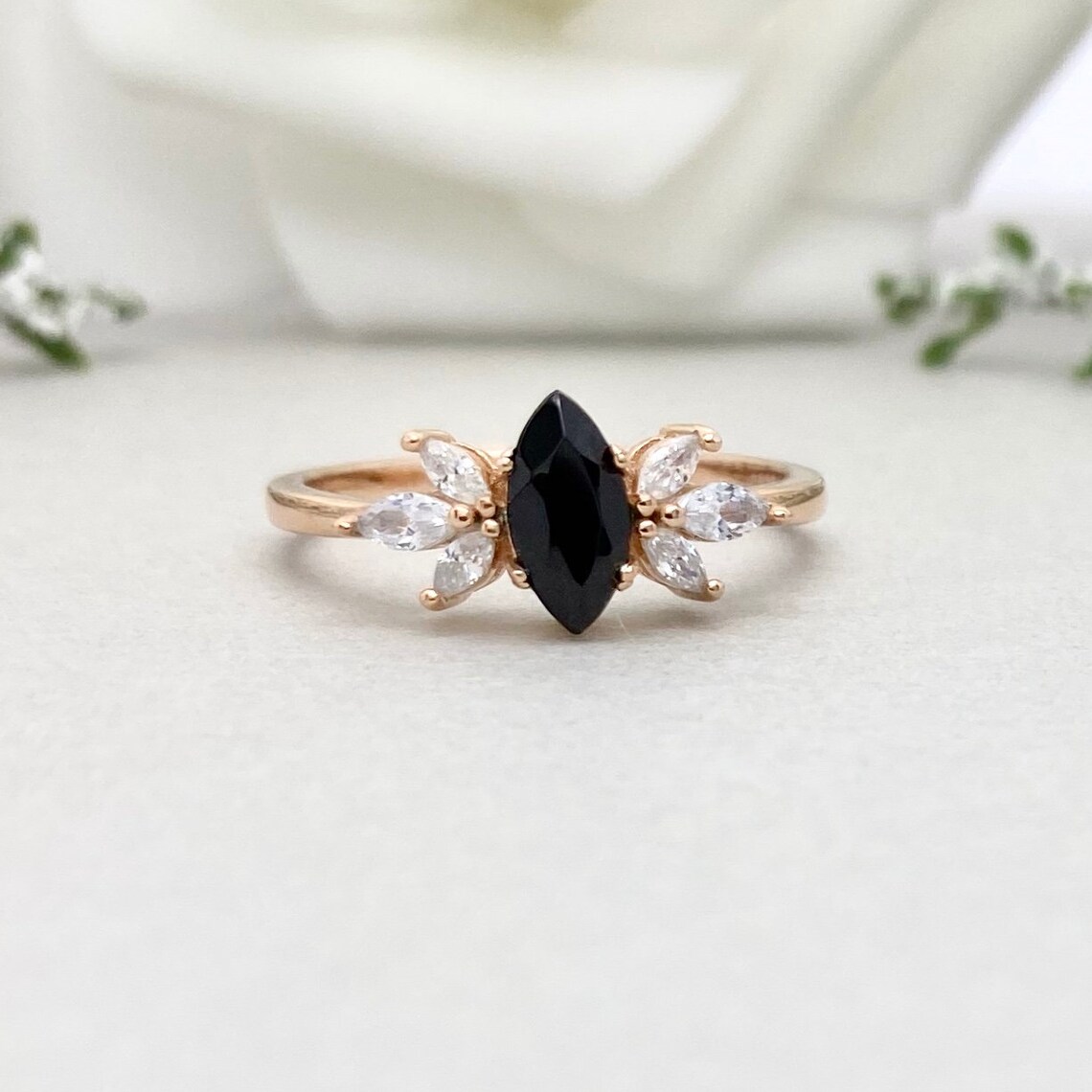 Rose Gold Art Deco Marquise Black Onyx Simulated Diamond Leaf - Etsy