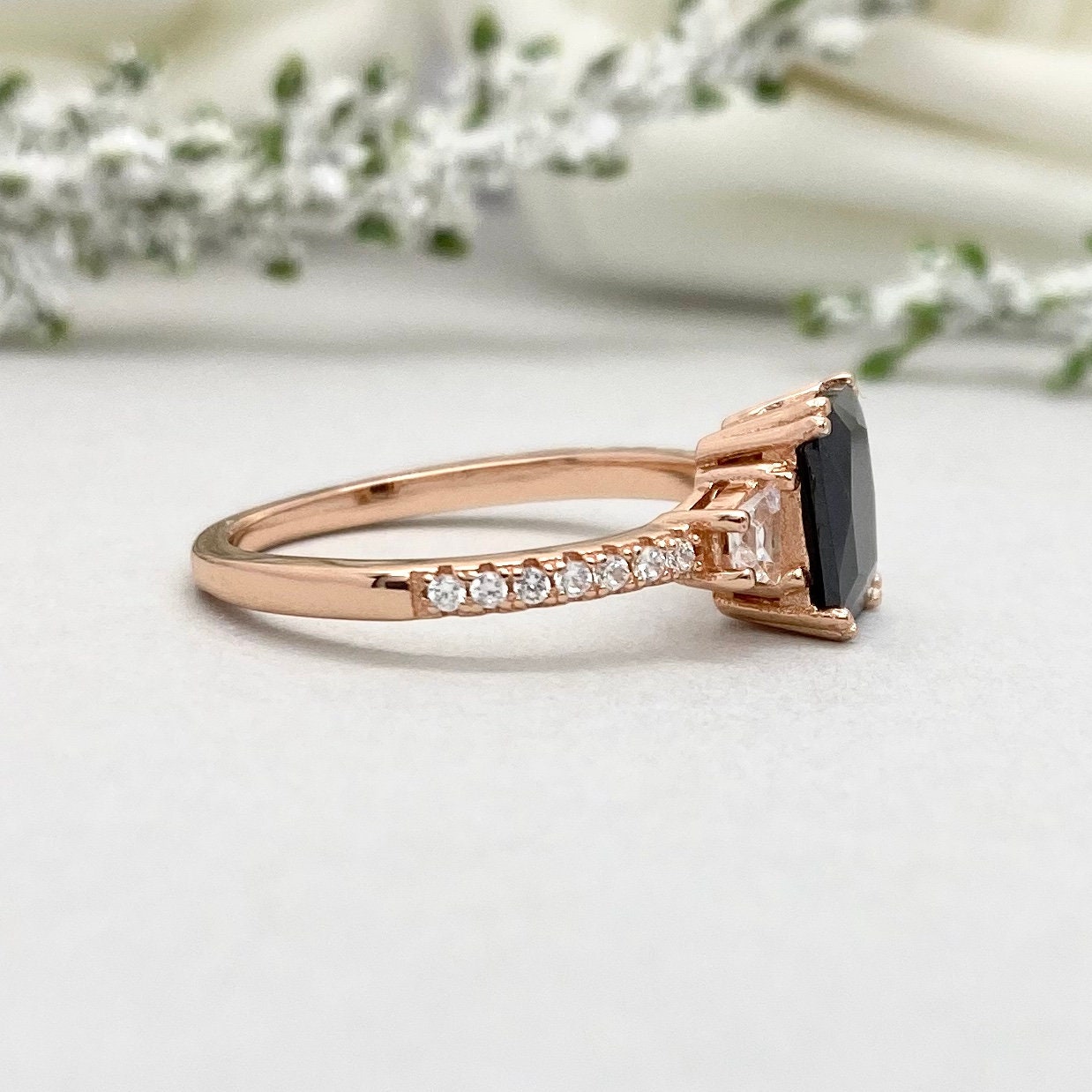 Rose Gold Emerald Cut Black Onyx Engagement Ring Round | Etsy
