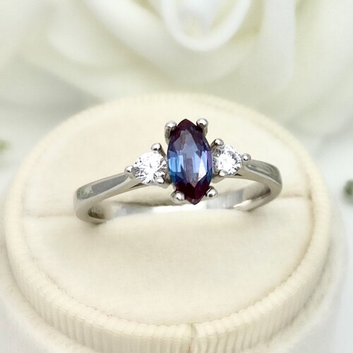 Marquise Alexandrite Simulated Diamond Three Stone Engagement shops Ring Sterling Silver or 14K Solid gold Lab Alexandrite Wedding Ring