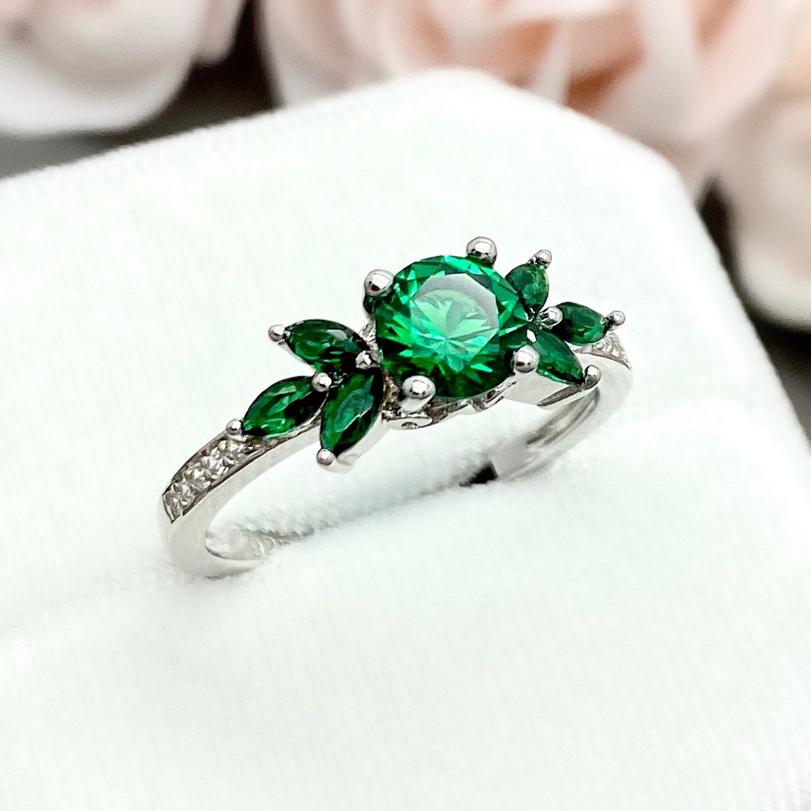 Round Emerald Ring Emerald Marquise Sterling Silver Ring Round - Etsy