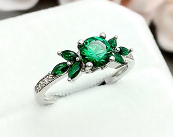 Round Emerald Ring Emerald Marquise Sterling Silver Ring Round Lab Green Emerald Simulated Diamond Engagement Ring Women's Promise Ring