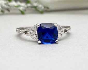 Cushion Blue Sapphire Celtic Engagement Ring Lab Blue Sapphire Ring Round Simulated Diamond Celtic Ring Sterling Silver Promise Wedding Ring