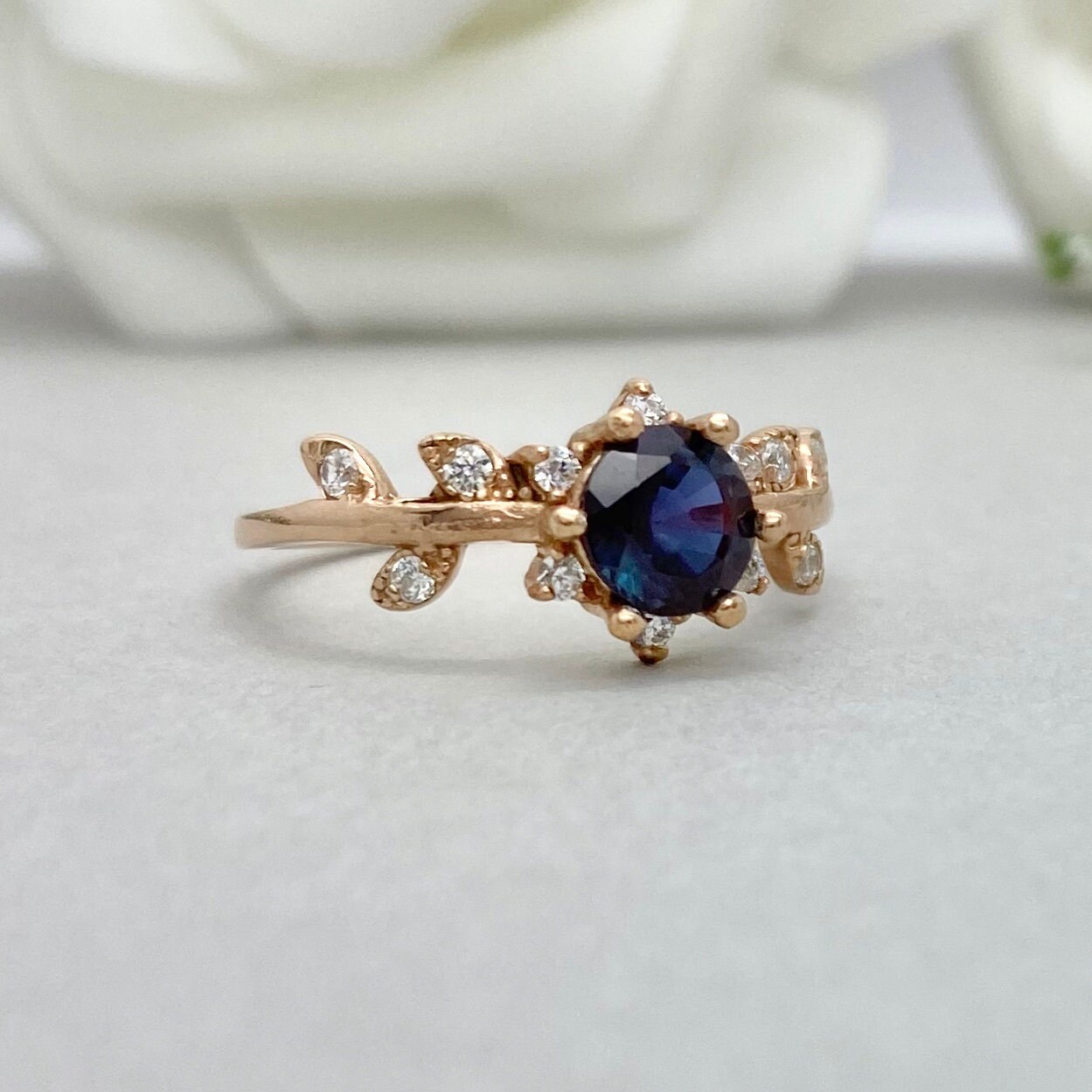 Round Alexandrite Rose Gold Art Deco Ring Lab Alexandrite - Etsy