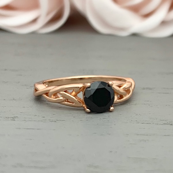 Rose Gold Round Black Onyx Celtic Ring Sterling Silver Natural Black Onyx Celtic Engagement Ring Onyx Promise Wedding Ring