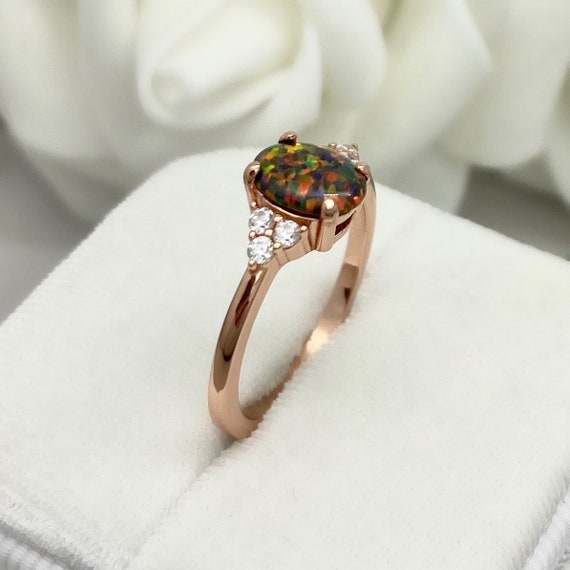 Oval Black Fire Opal Rose Gold Engagement Ring Black Opal Sterling