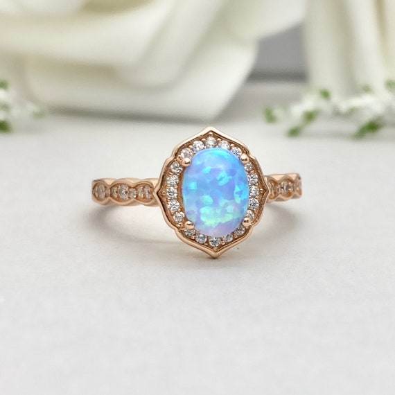 Rose Gold Oval Light Blue Opal Engagement Ring Lab Opal | Etsy