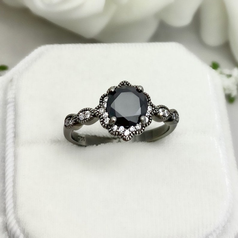 Round Black Onyx Black Rhodium Art Deco Ring Floral Round Simulated Diamond Ring Sterling Silver Halo Engagement Wedding Promise Ring image 5