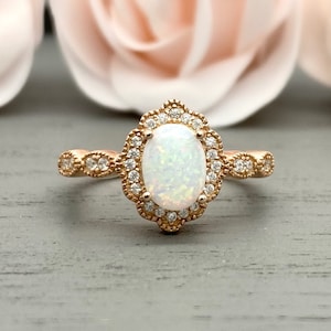 Rose Gold Oval White Fire Opal Engagement Ring White Opal Ring Simulated Diamond Halo Art Deco Ring Sterling Silver Ring Womens Ring