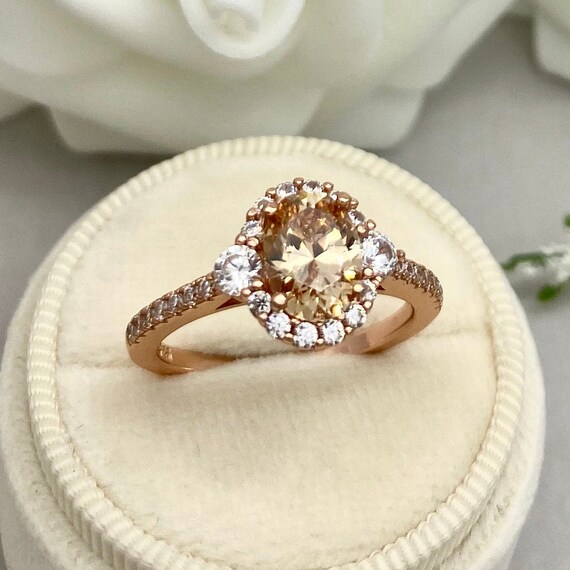 Simulated Diamond Engagement Ring Rose Gold Halo Oval Cut
