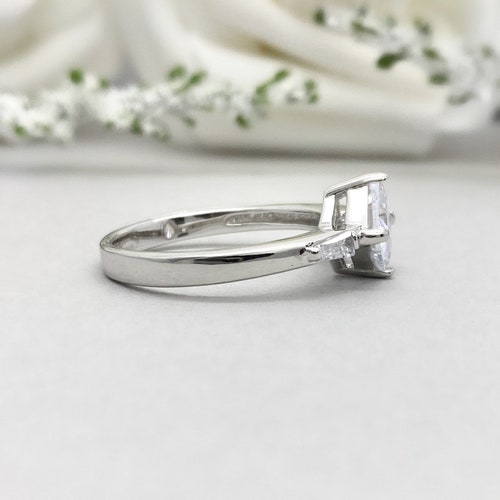 Princess Cut Simulated Diamond Ring Three Stone Ring Princess Cut hot Engagement Ring Sterling Silver Past Present Future Wedding Ring