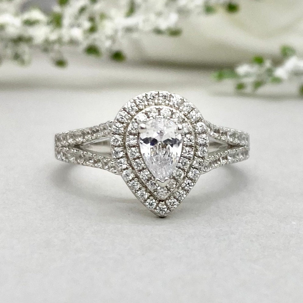 Pear Shape Simulated Diamond Double Halo Engagement Art Deco - Etsy