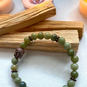 Beaded Buddha Gemstone Bracelet- Jade Bronze Buddha