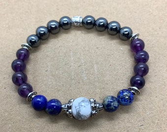 Alivio del dolor, ayuda con trastornos inmunológicos - Pulsera de piedras preciosas curativas de amatista, lapislázuli, hematita y howlita