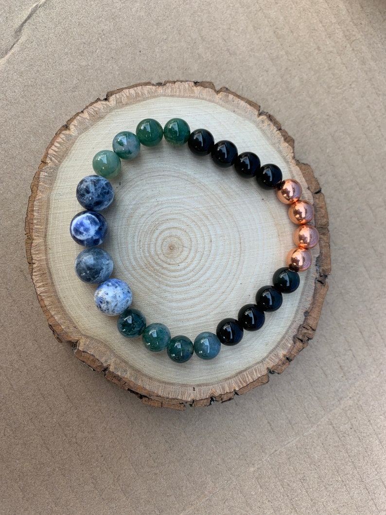 Puede incluir: Un brazalete hecho con cuentas verdes, azules, negras y de cobre. Las cuentas est&aacute;n dispuestas en un patr&oacute;n de degradado, comenzando con verde y terminando con cobre.