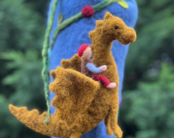 School cone/candy cone 70/90 cm blue with name, first day of school gift, dragon, dragon rider, child, boy, felt figure, felted wool, felting, Waldorf