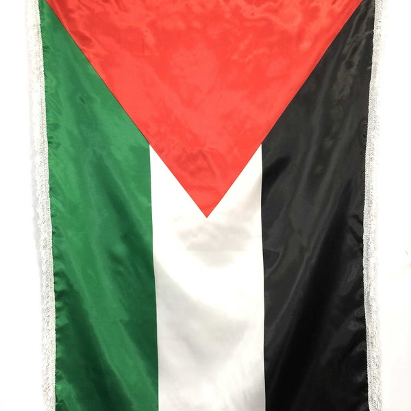 Bandera de Palestina Banner grande para colgar al aire libre Tamaño interior: 90 x 150 cm Color Verde Rojo Blanco Negro Con borlas blancas Flecos Libertad Palestina