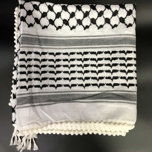 Keffiyeh Palestine Shemagh Scarf Arab Black On White Heavy Kufiya Square Arafat Hatta Original Unisex Scarves Humous Beads Tassels Fringe image 8