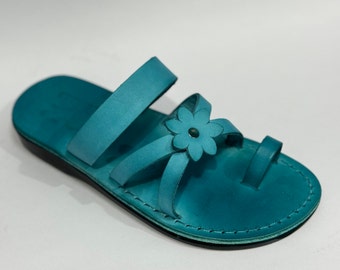 Women's Leather Sandals Flora Turquoise 100% Genuine Leather Greek Style Comfortable Summer Vacations Made In Palestine Hebron Handmade New