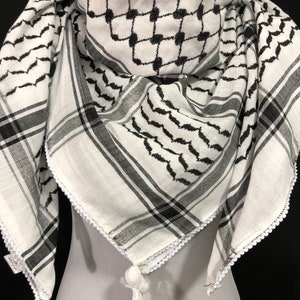 Shemagh Keffiyeh Arab Scarf Palestine Black on White Kufiya Arafat Hatta Original Brand Cotton Unisex Scarves 4747 Soft Fringing Summer image 2