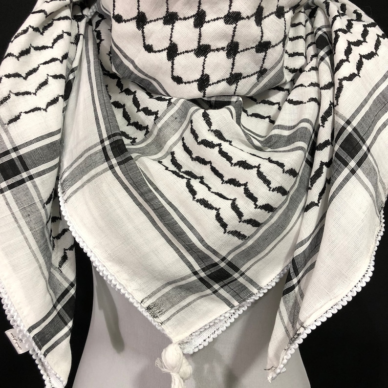 Shemagh Keffiyeh Arab Scarf Palestine Black on White Kufiya Arafat Hatta Original Brand Cotton Unisex Scarves 4747 Soft Fringing Summer image 2